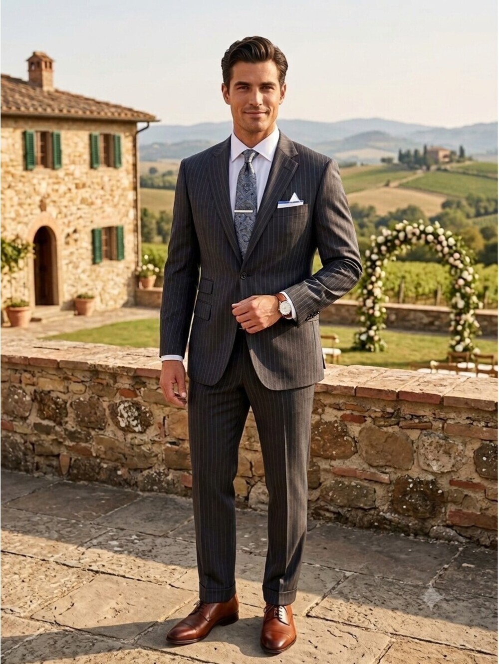 Hickey Freeman Men's 2-Piece Suit Charcoal Black Blue Pinstripe 44L W38 Cuffed